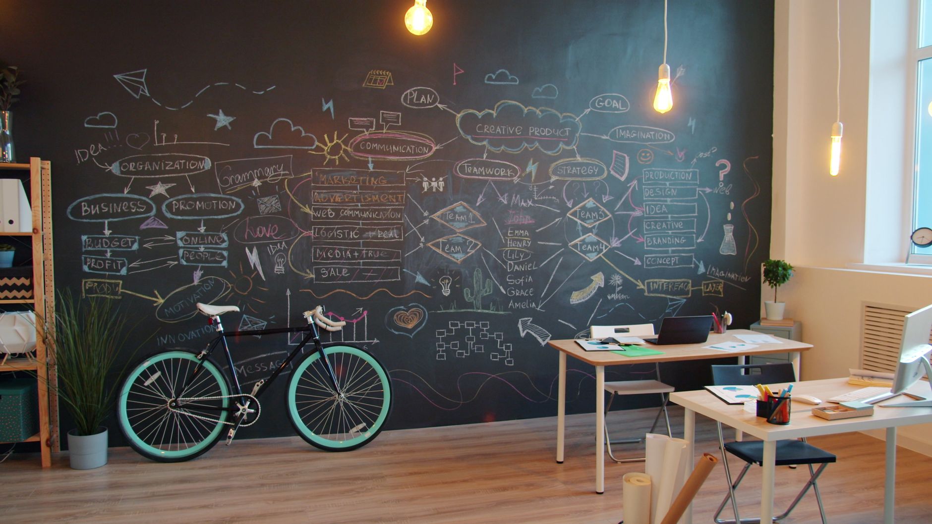 Studio wall with a chalk planning diagram and a work desk